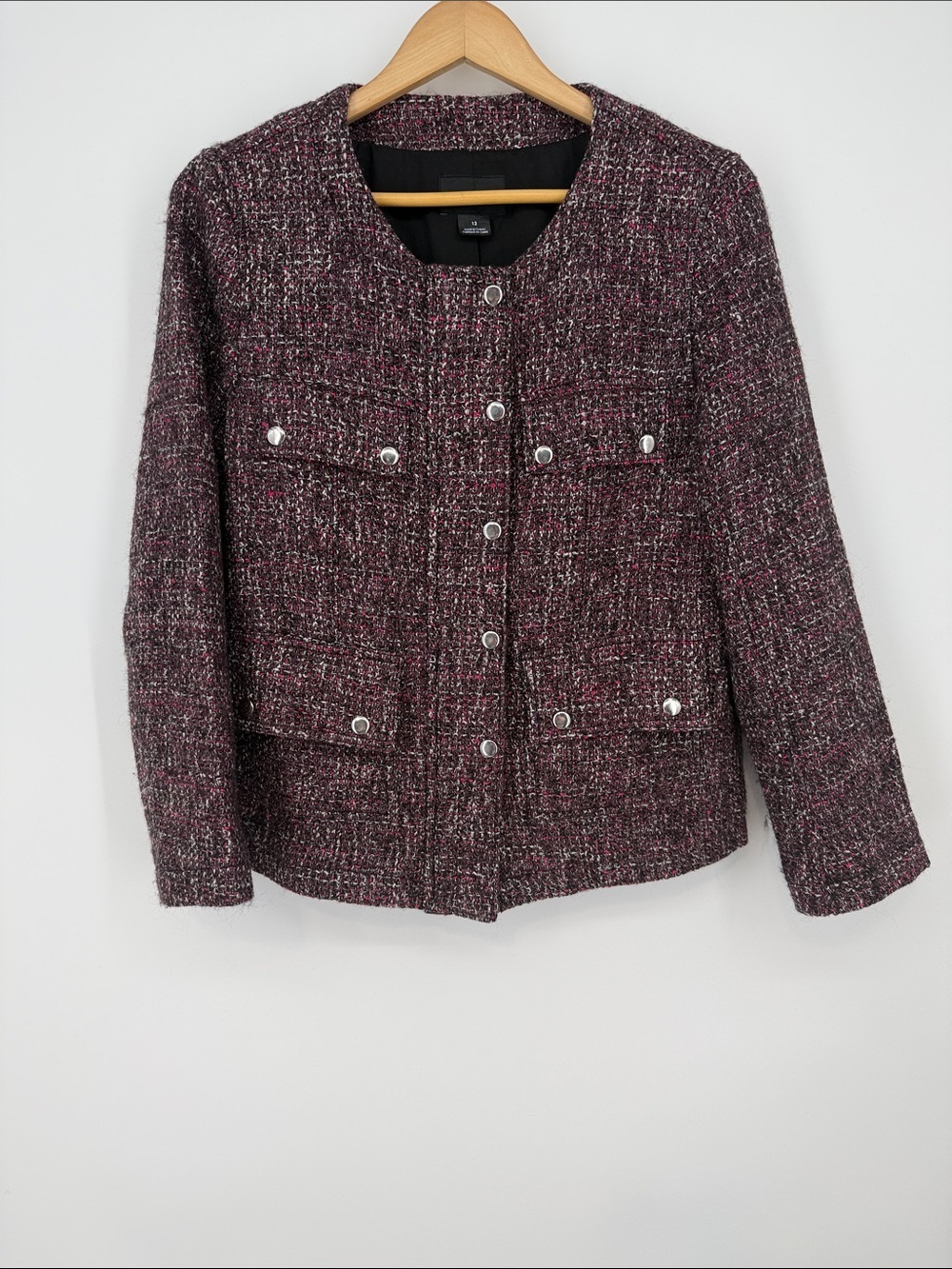 Club Monaco Tweed Button-Front Jacket in Plum Mix Size 12